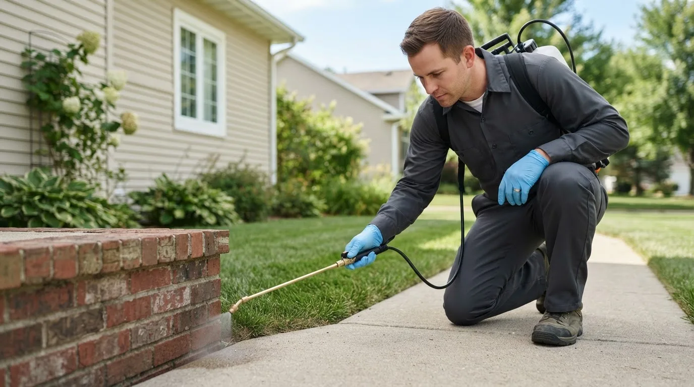 Pest control technician treating a home near Ballantine, MT